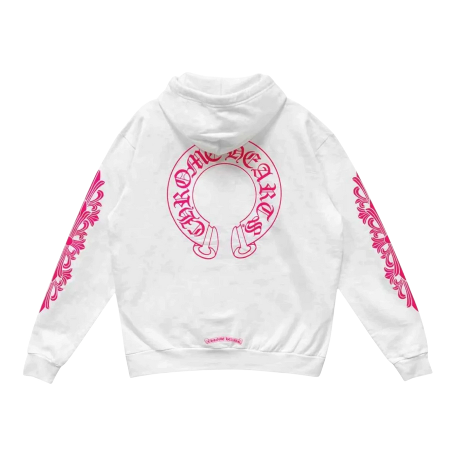Chrome Hearts Pink Horseshoe Floral Sleeve Pullover Hoodie White