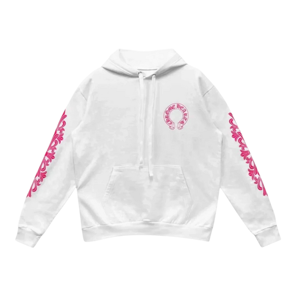 Chrome Hearts Pink Horseshoe Floral Sleeve Pullover Hoodie White