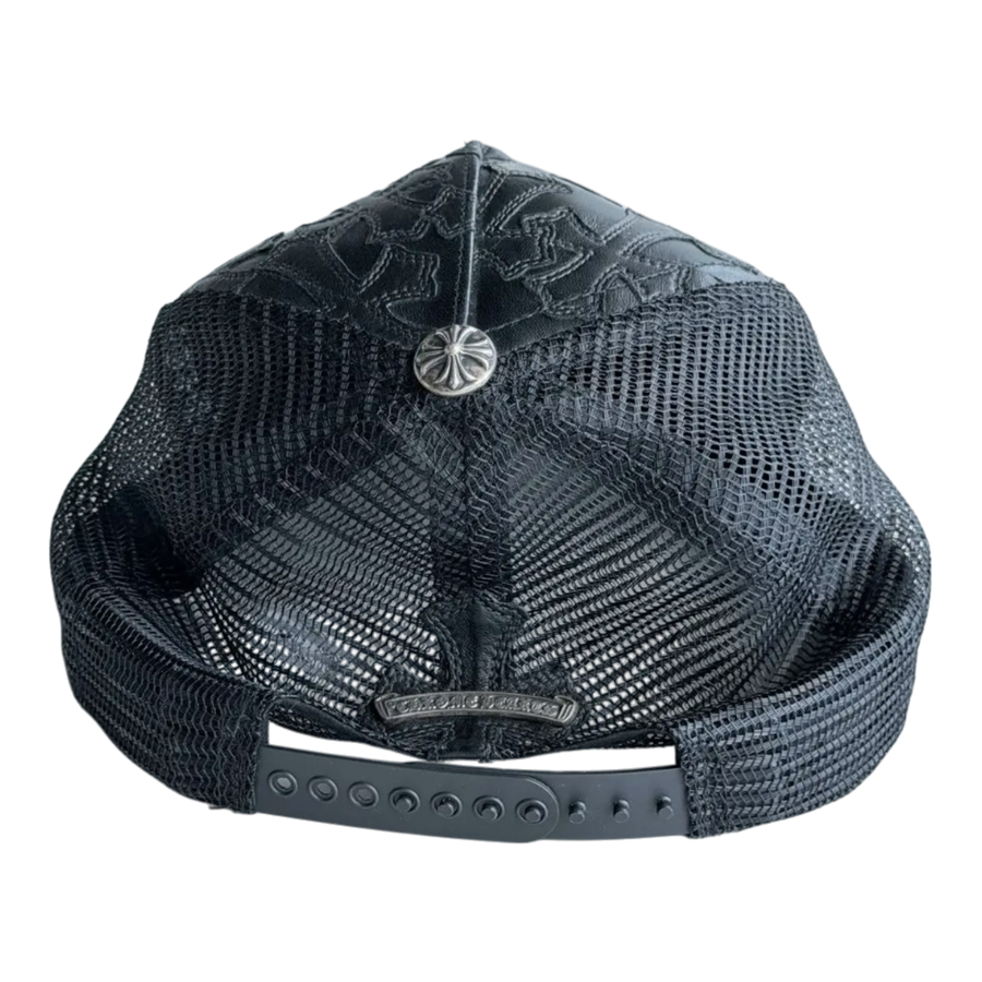 Chrome Hearts Cemetery Cross Leather Stitched Trucker Hat Black