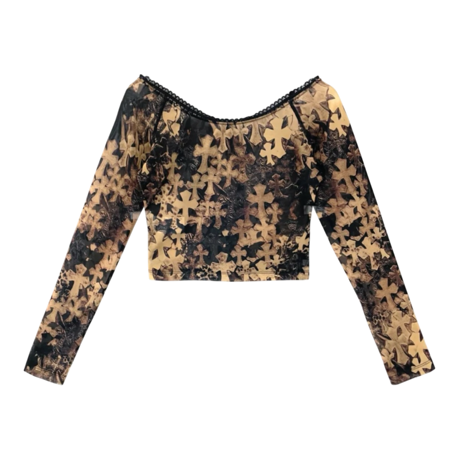 Chrome Hearts Waterfall Cross Patch Print Mesh Long Sleeve Top