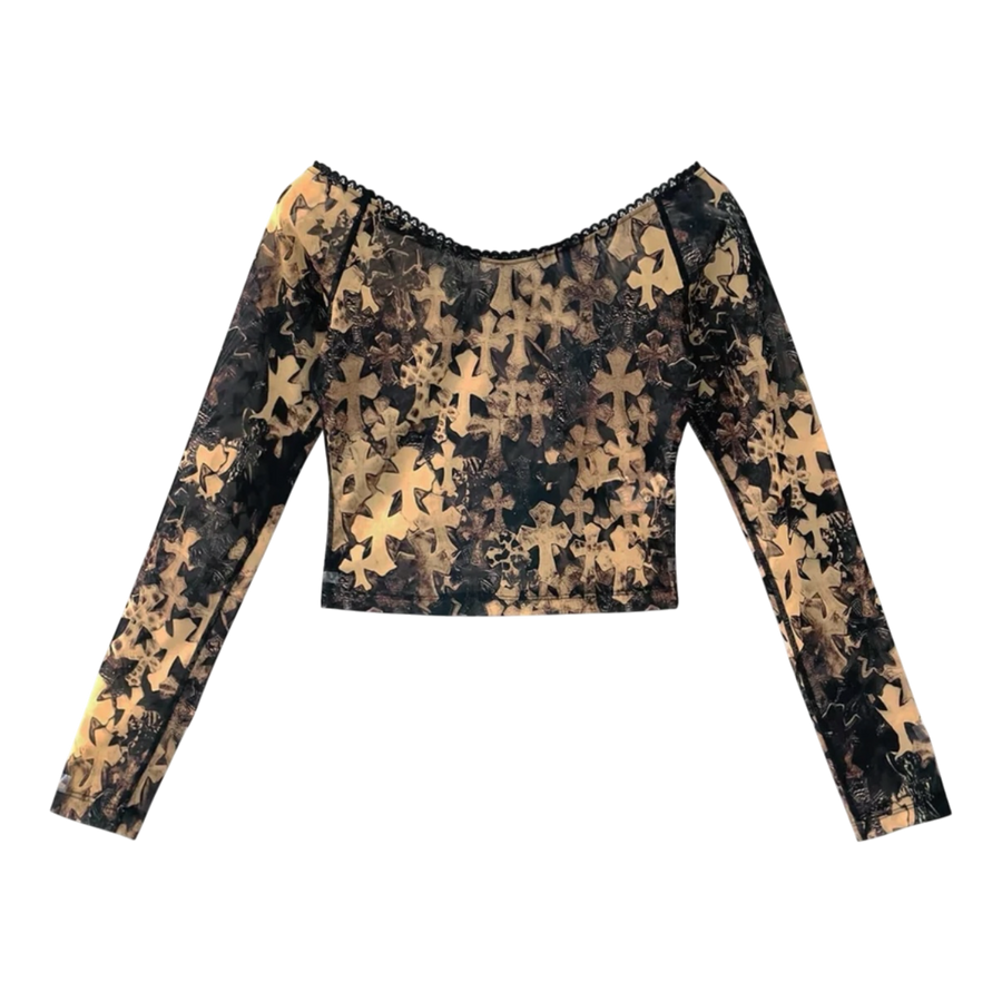 Chrome Hearts Waterfall Cross Patch Print Mesh Long Sleeve Top