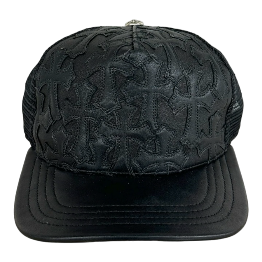 Chrome Hearts Cemetery Cross Leather Stitched Trucker Hat Black