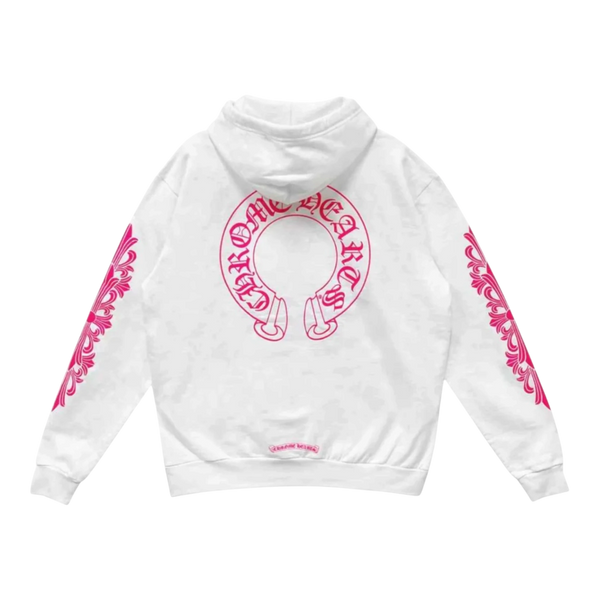 Chrome Hearts Pink Horseshoe Floral Sleeve Pullover Hoodie White