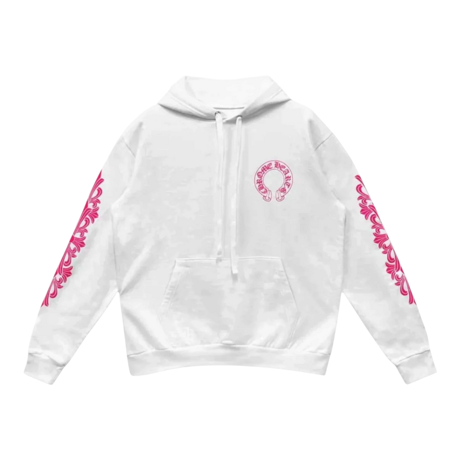 Chrome Hearts Pink Horseshoe Floral Sleeve Pullover Hoodie White